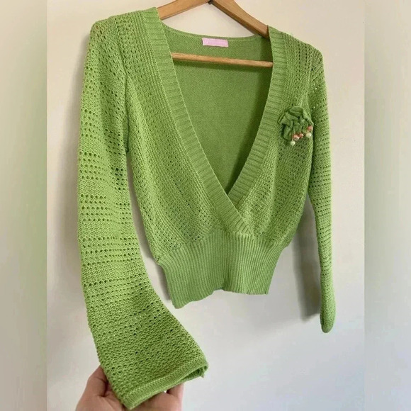 Vintage Green Knit Crochet Cropped Sweater Deep V-neck - Picture 2 of 10